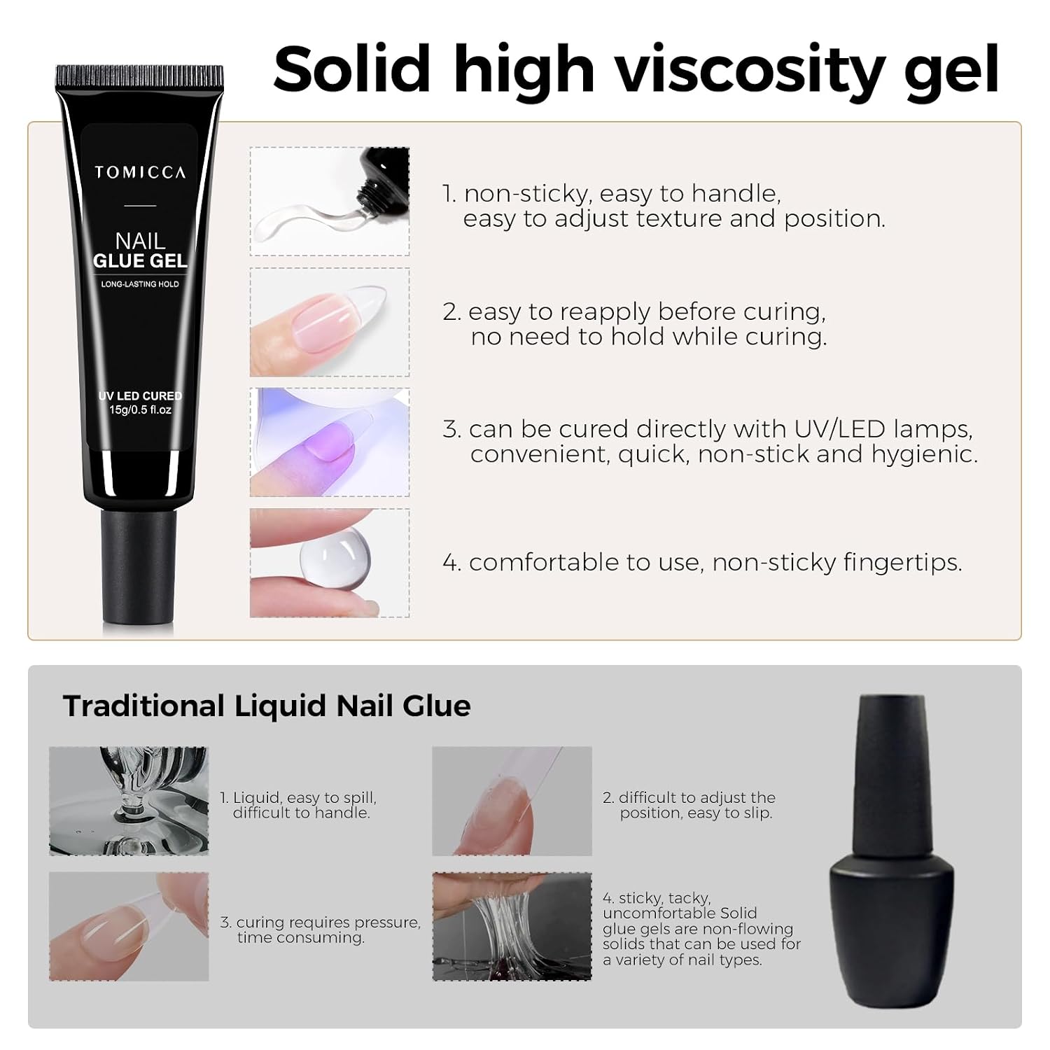 TOMICCA 4-in-1 Nail Glue for Nail Tips, Solid Gel Super Strong Hold Clear Adhesive, UV/LED Nail Glue Gel, Long Lasting, 15g for DIY & Salon Use
