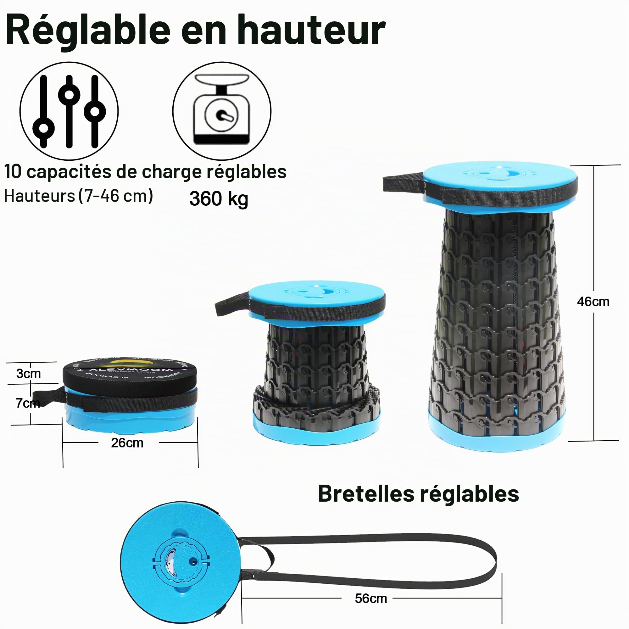 ALEVMOOM Tabouret de Camping Pliant Portable, rétractable et léger, adapté à l'extérieur, au Camping, à la pêche, au Barbecue intérieur, capacité de Poids maximale de 800LBS(SHBlue)