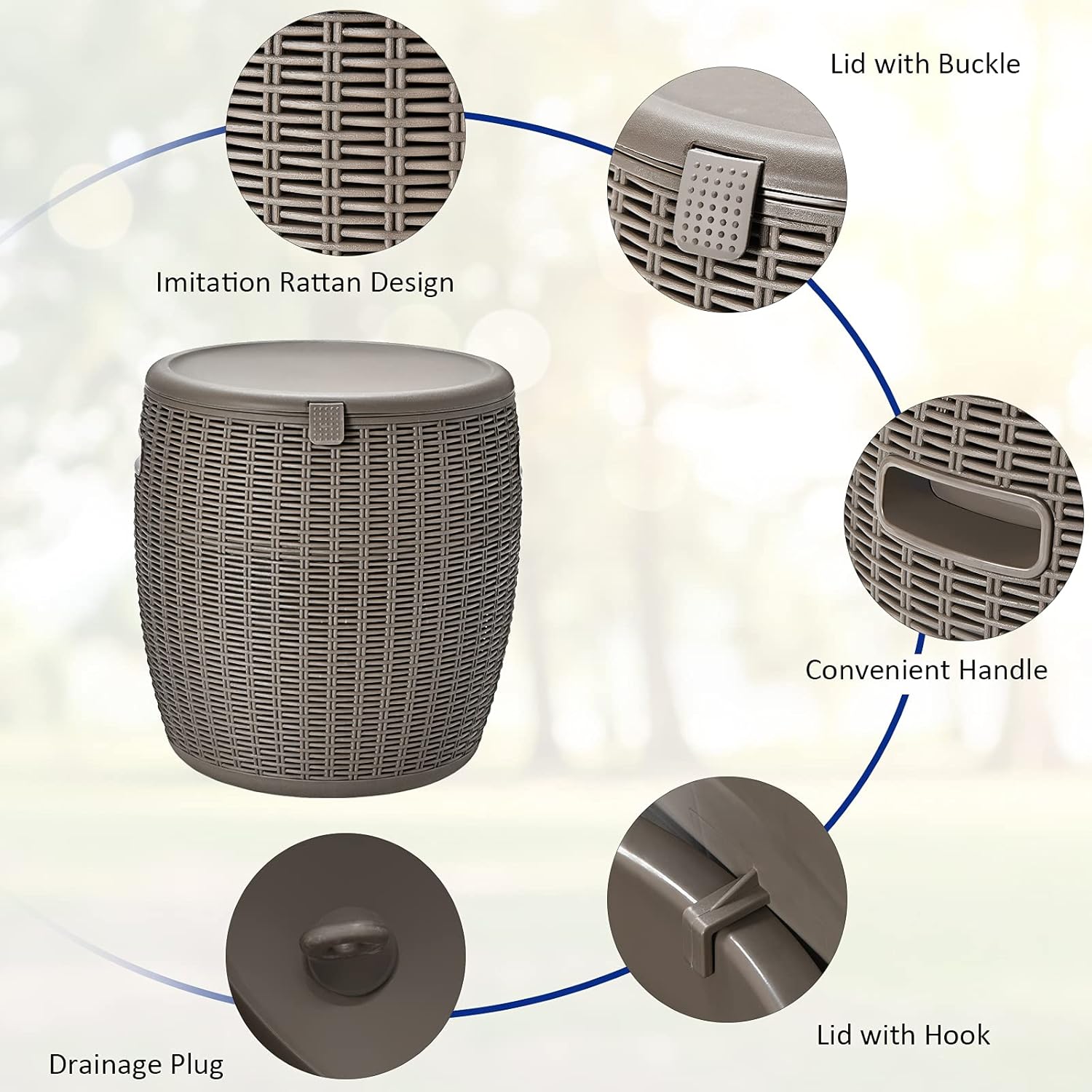 Giantex 9.5 Gallon Ice Cooler, Wicker Round Ice Chest, Outdoor Beer Wine Ice Bucket, Top Lid Side Handles Drainage Plug, Weather-resistant Patio Cool Bar Table for Cocktail Party Poolside Deck