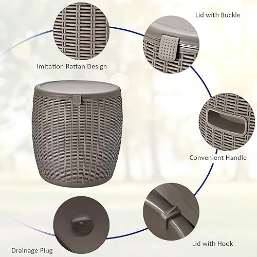 Miniatura 4 de Giantex Enfriador de hielo de 9.5 galones, pecho de hielo redondo de mimbre, cubo de hielo para vino de cerveza al aire libre, tapón de drenaje con