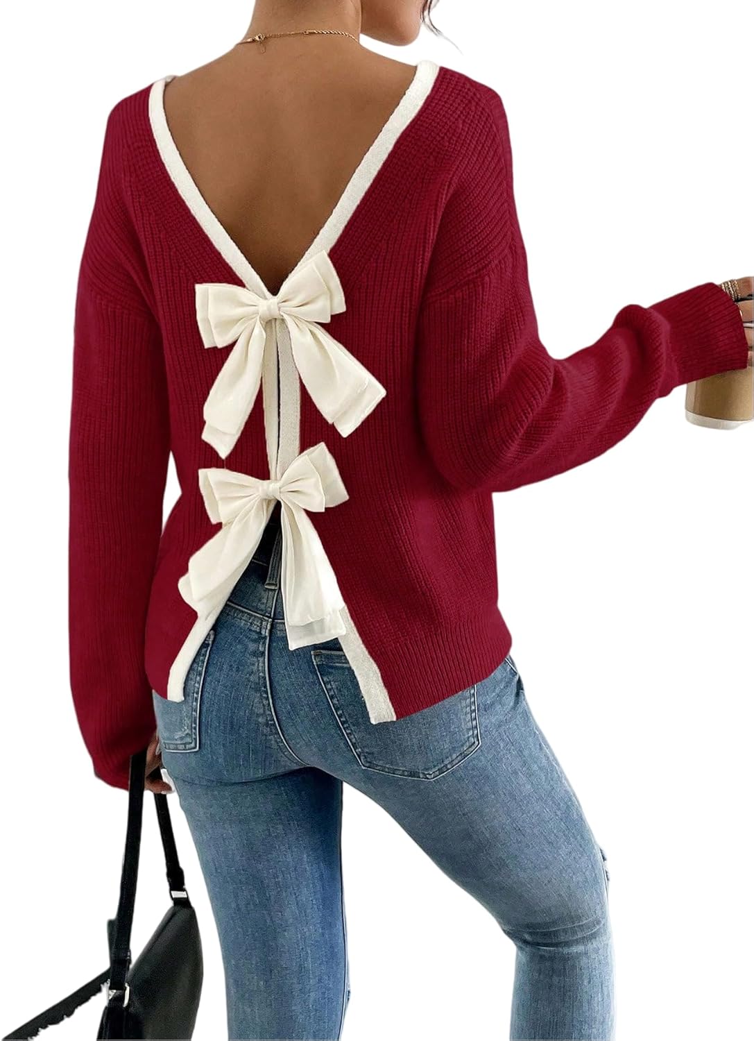 Women's Off The Shoulder Pullover Bow Ribbed Knit Sweater Cute Crew Neck Long Sleeve Trendy Cozy Sweaters