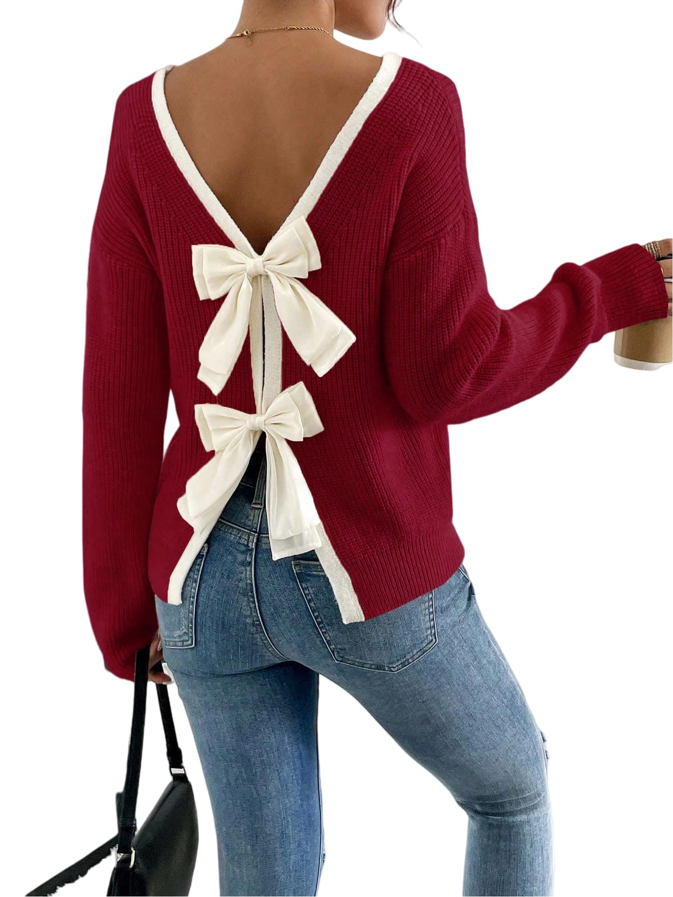 Womens Off The Shoulder Pullover Bow Ribbed Knit Sweater Cute Crew Neck Long Sleeve Trendy Cozy Sweaters