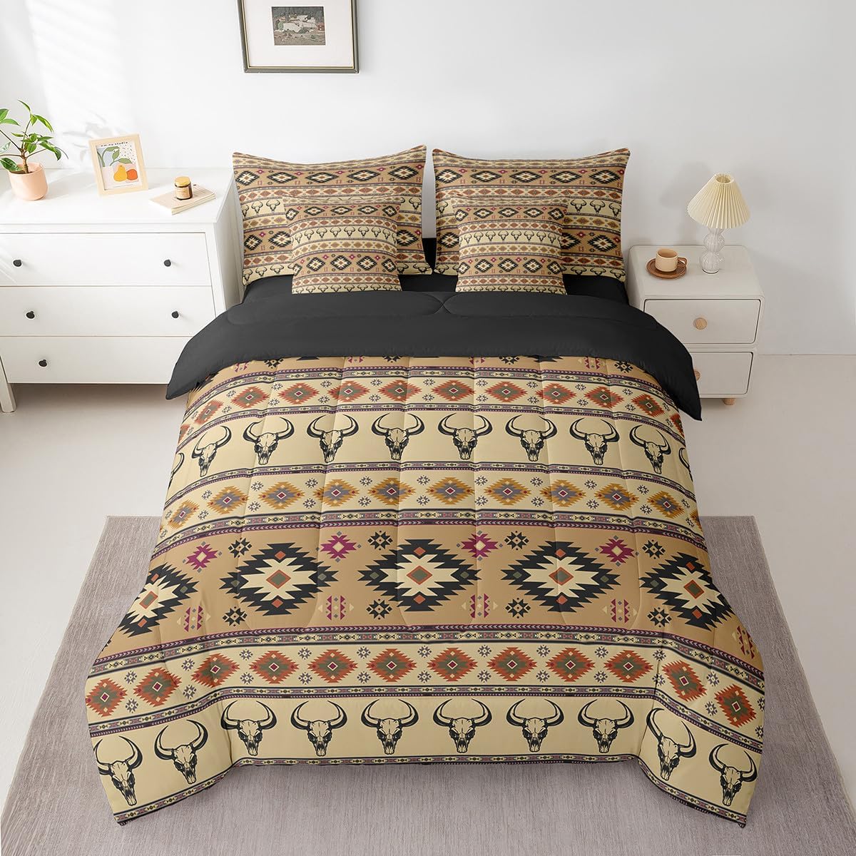 Feelyou Kids Western Bull Skull Comforter Set with Sheets Twin Size, Southwestern Aztec 7 Pieces Bedding Set Men Women Boho Tribal Bed in A Bag Ethnic Bohemian Rustic Country Teens Bed Set 7Pcs
