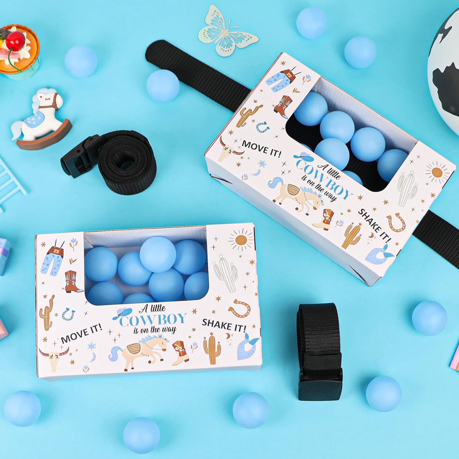 6 Set Cowboy Baby Shower Games Swing Shaking Balls Game for Adult Includes 60 Balls,6 Paper Boxes, 6 Belts Table Tennis Twerk Game Supply for Outdoors Indoors