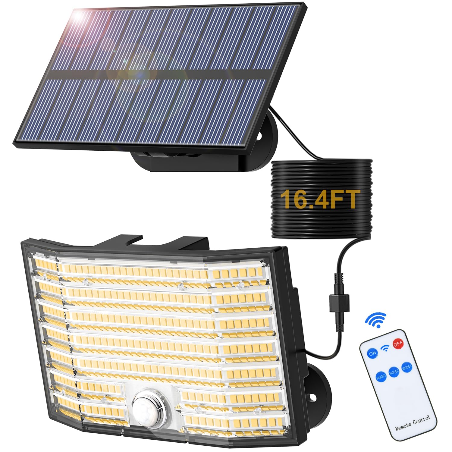 MinPea Solarlampen für Außen mit Bewegungsmelder, 1 Stück 226 LED Solarleuchten, 3 Modi Solar Strahler IP65 Wasserdichte, 180° Beleuchtungswinkel Solar Wandleuchte für Garten mit 5m Kabel, Warmweiß