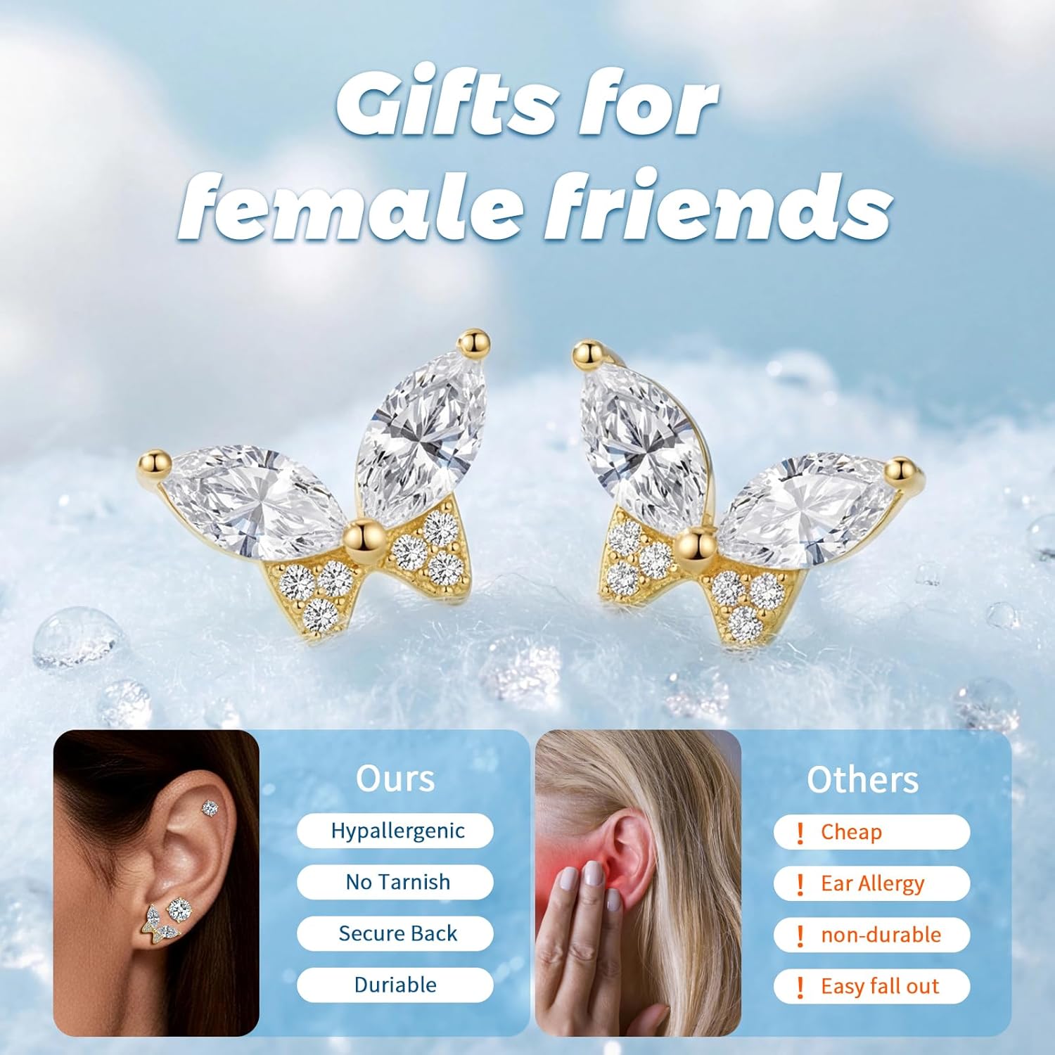 3 Pairs 14K Gold Plated Cubic Zirconia Earrings Set, Round & Butterfly Stud Earrings (Size 6mm 4mm 3mm), S925 Silver Posts, Hypoallergenic Earrings for Women & Men - Image 5