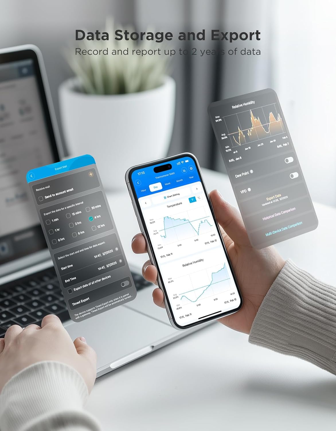 Smartphone displaying historical temperature and humidity charts, with options to export data.