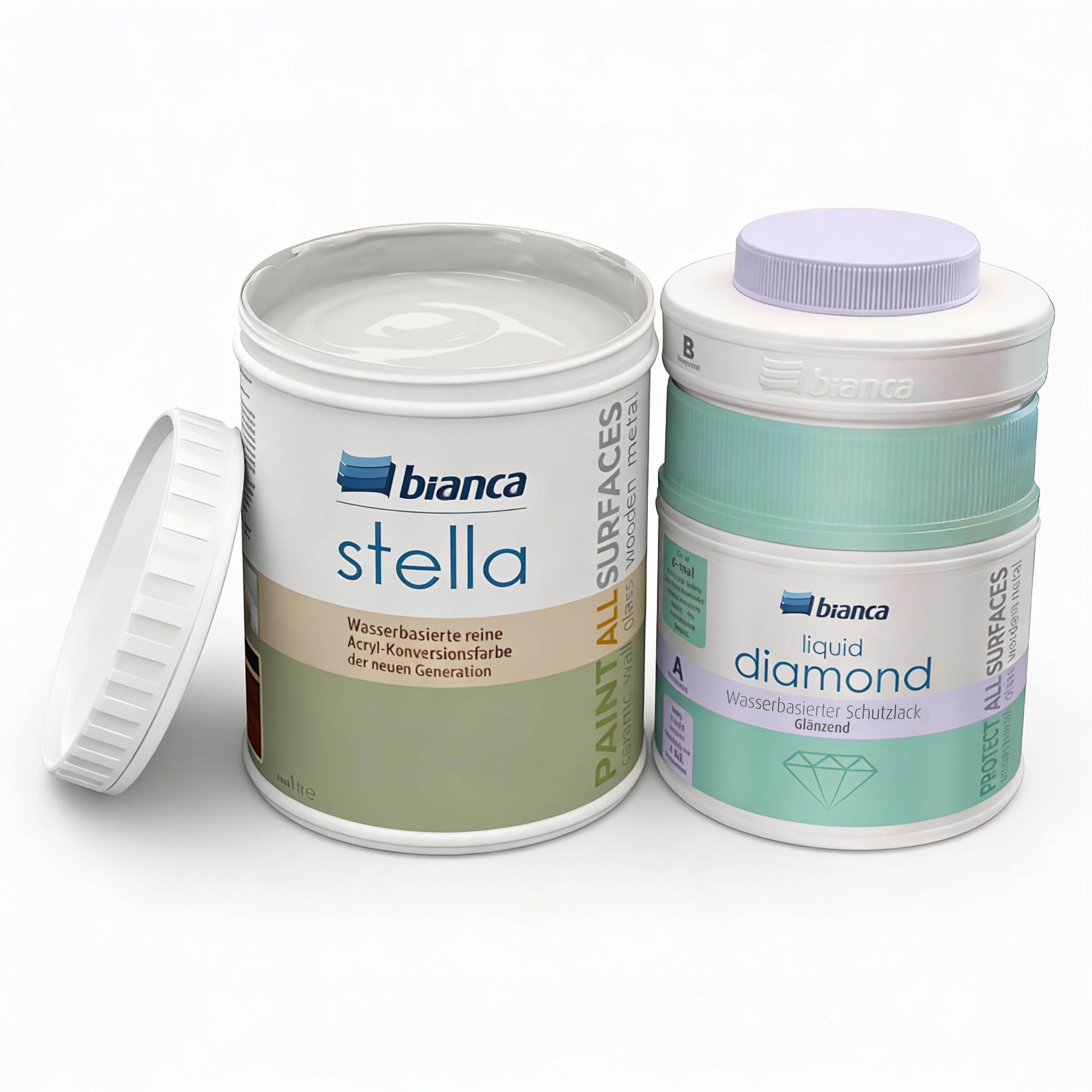 Bianca Stella Universalfarbe ohne Schleifen 1000ml, Sandweiß & Wasserbasiert Glänzend 2K Schutzlack 600g - Wasserbasierte Parfümierte Renoiverfarbe für Möbel, Holz, Fliesen, Metall & Kunststoff