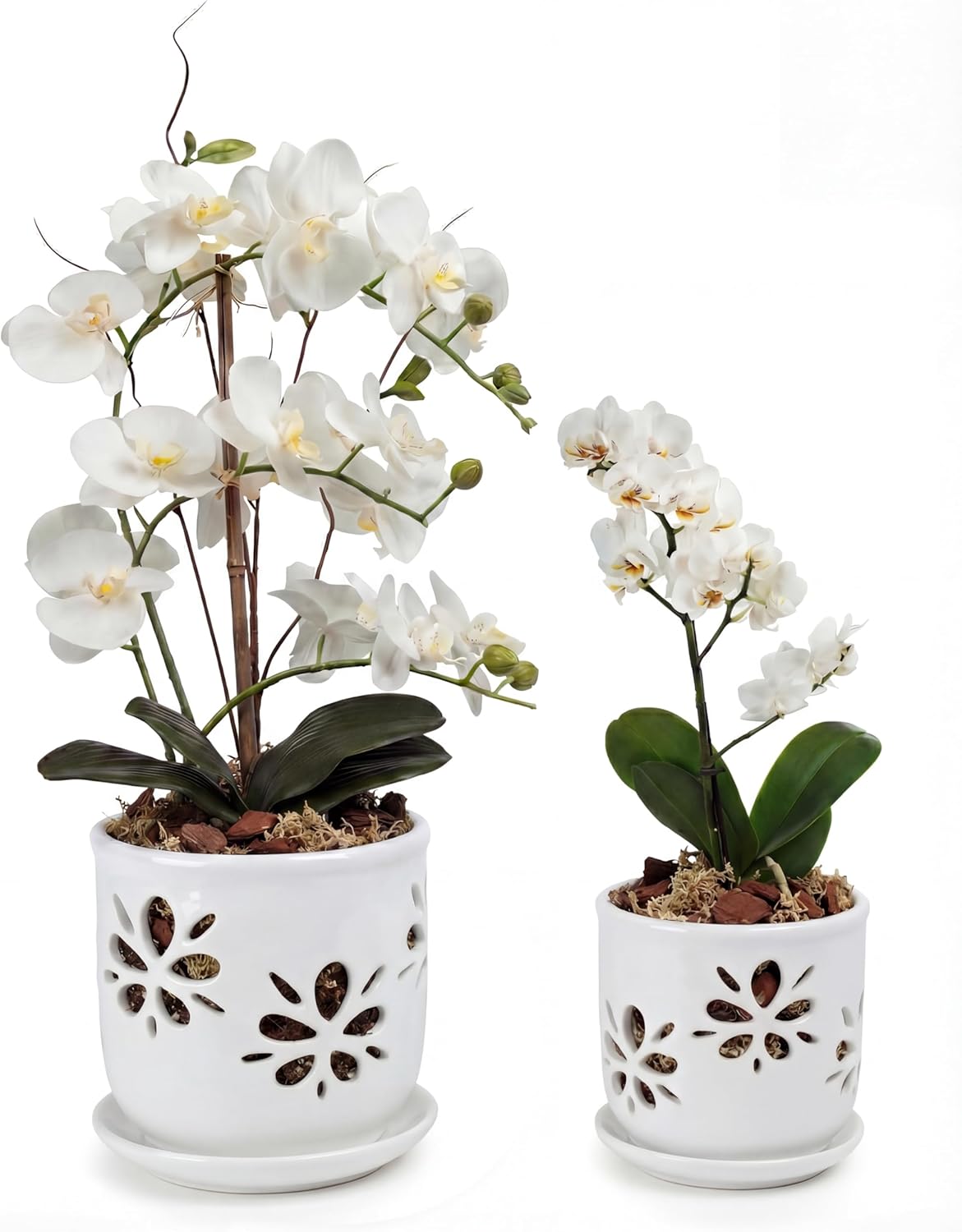 vensovo 5+6 Inch Orchid Pot with Holes and Saucer - White Ceramic Orchid Planter for Repotting, Flower Pot for Indoor/Outdoor Plants (2 Packs)