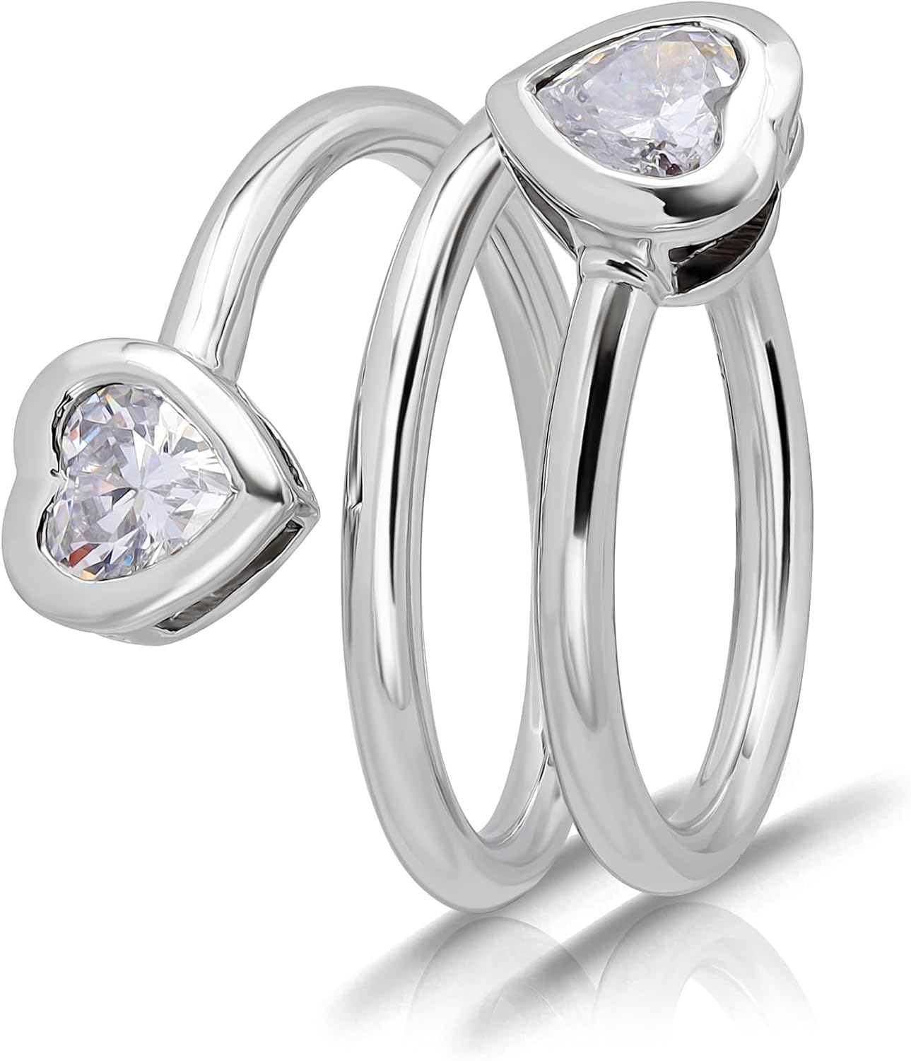 Hoops & Loops Sterling Silver Cubic Zirconia Heart Two Stone Spiral Wrap Around Polished Statement Ring, Size 9