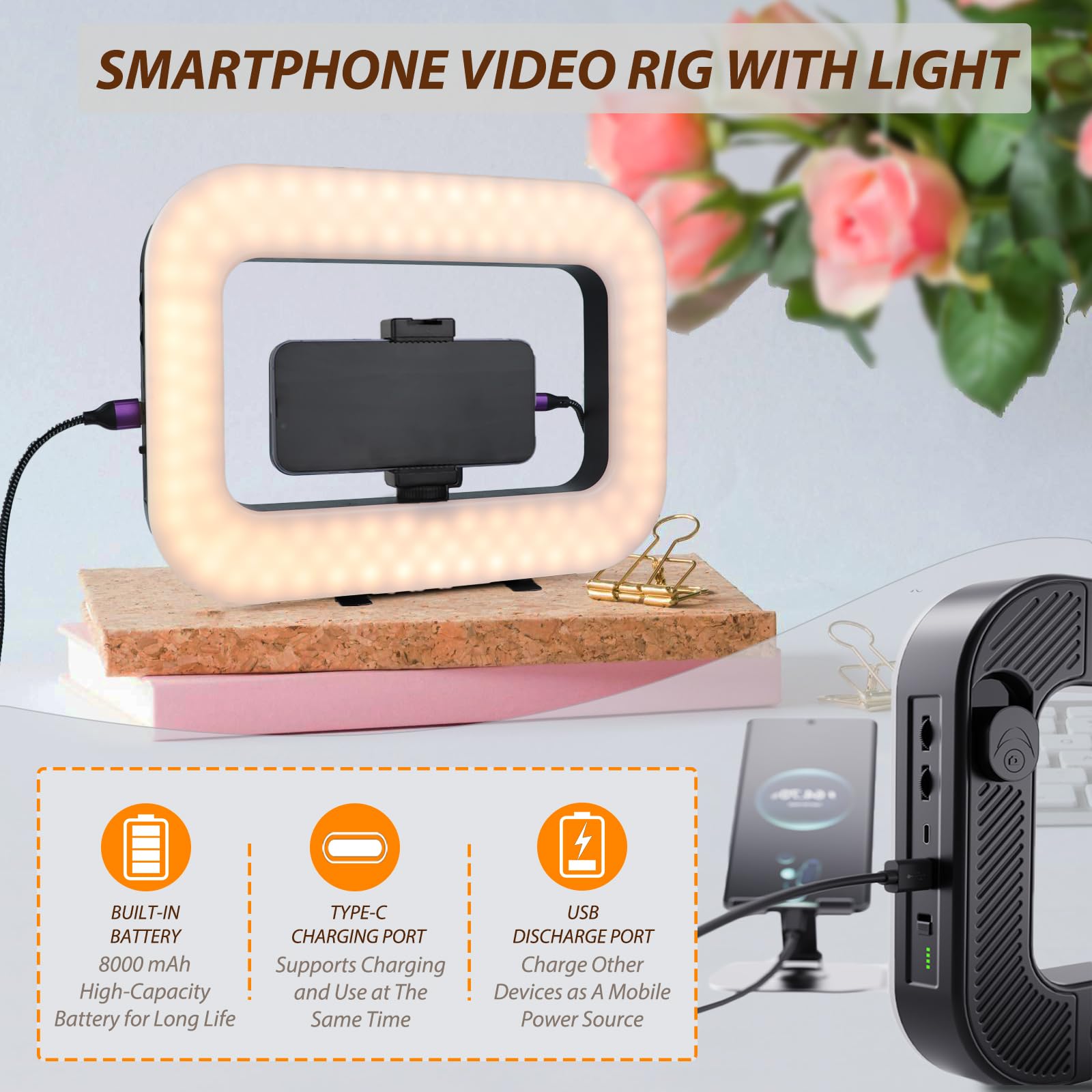 Equipo de video para smartphone con luz, kit de luz selfie de anillo de mano, estabilizador de video móvil LED con batería integrada de 8000 mAh para cámara, smartphone, YouTube, grabación de video