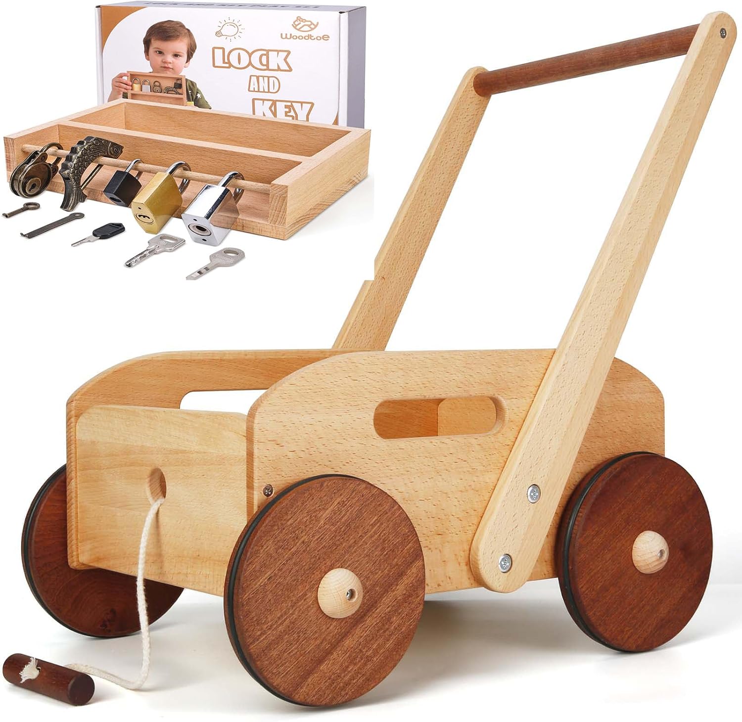 Woodtoe Wooden Baby Walker for Toddlers, Adjustable Speed Push Toys for Babies Learning to Walk, with 5 PCS Montessori Lock and Key Toy Set for Kids, Home Classroom STEM Educational Toys