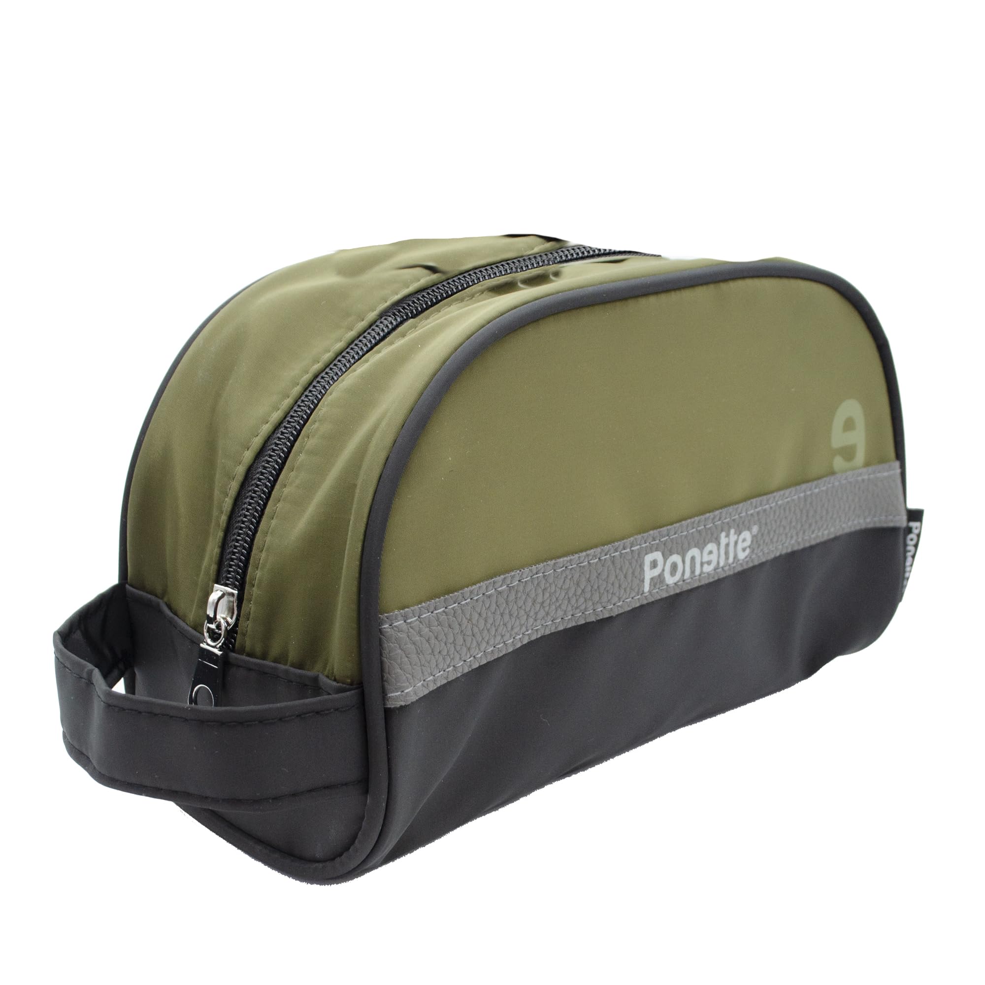 Ponette Neceser Caballero con Asa Lateral en Tejido Verde Oliva y Negro y Franja Piel Sintética Gris con Logo Ponette, Hombre, Chico, Viaje, Viajar, Bolsa, Aseo, Ligero, Gimnasio, Marca Española