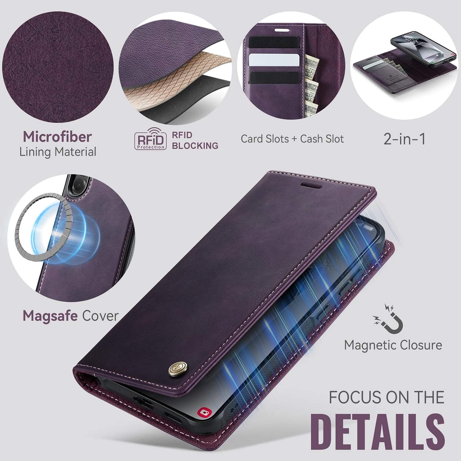 Wallet Case for Samsung Galaxy S24 Compatible with Magsafe, 2-in-1 PU Leather Flip RFID Blocking Card Holder Stand Shockproof Magnetic Detachable Cover for Galaxy S24 Case 6.2", Retro Purple