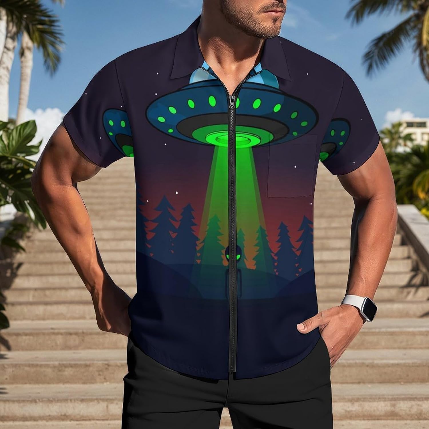 Aliens Spaceship at Night Men's Short Sleeve Shirt Zip-Up Golf Polo Shirts with Pocket