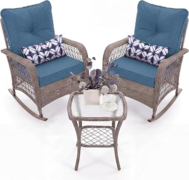 UDPATIO Rocking Chair Outdoor Set 2 w/Coffee Table, 3 Pc Wicker Bistro Set | Rocking with 4" Water-Resistant Cushions, Oversized, 350lbs Heavy-Duty, for Porch, Patio, Balcony, Brown/Navy