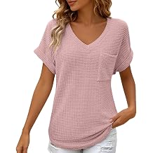 Waffle Knit Tops for Women Casual V Neck Short Sleeve Tops Loose Breathable Shirts Summer Beach Holiday Daily Wear