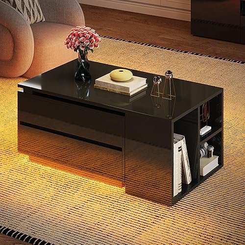 Miniatura 10 de YITAHOME Mesa auxiliar LED con 4 cajones de almacenamiento, mesas auxiliares extensibles para sala de estar, moderna mesa de cóctel rectangular de