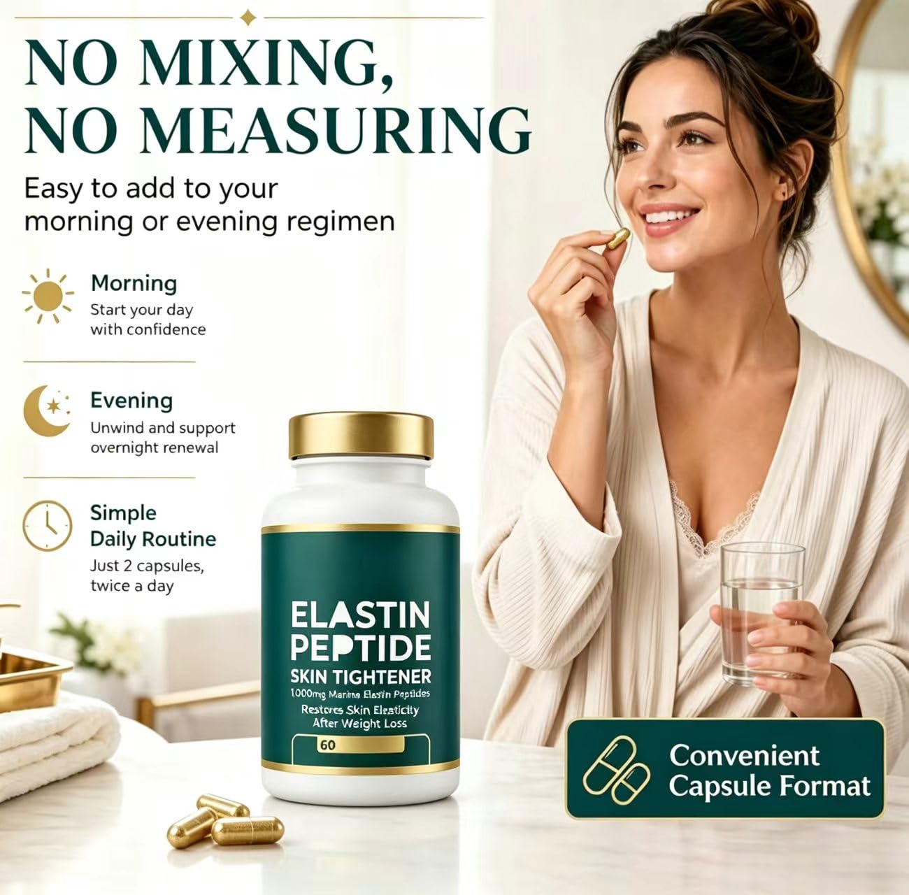 Peptidi di elastina, promuovono l'elasticità della pelle, nutrono, promuovono la lucentezza naturale, rassodano la pelle, idratano e idratano, adatti sia a uomini che a donne