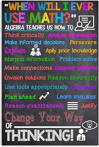 Póster de matemáticas para el aula, póster de álgebra con texto en inglés "When will I ever use matemáticas" para niños, citas motivacionales para