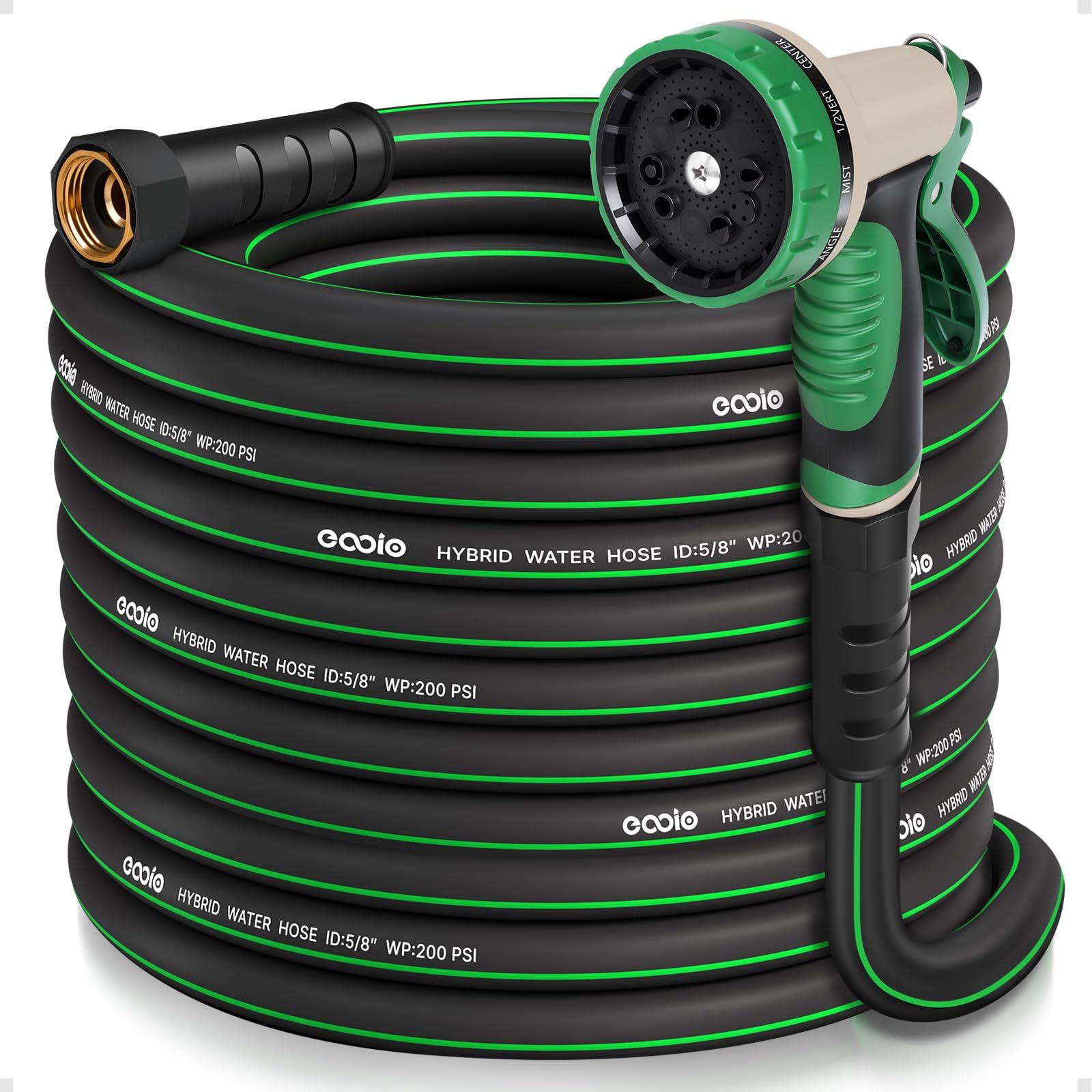 Heavy Duty Garden Hose 50 ft, NON-EXPANDABLE Water Hose with 10 Function Spray Nozzle, Lightweight Kink-less Hybrid Hose with Swivel Handle, Male to