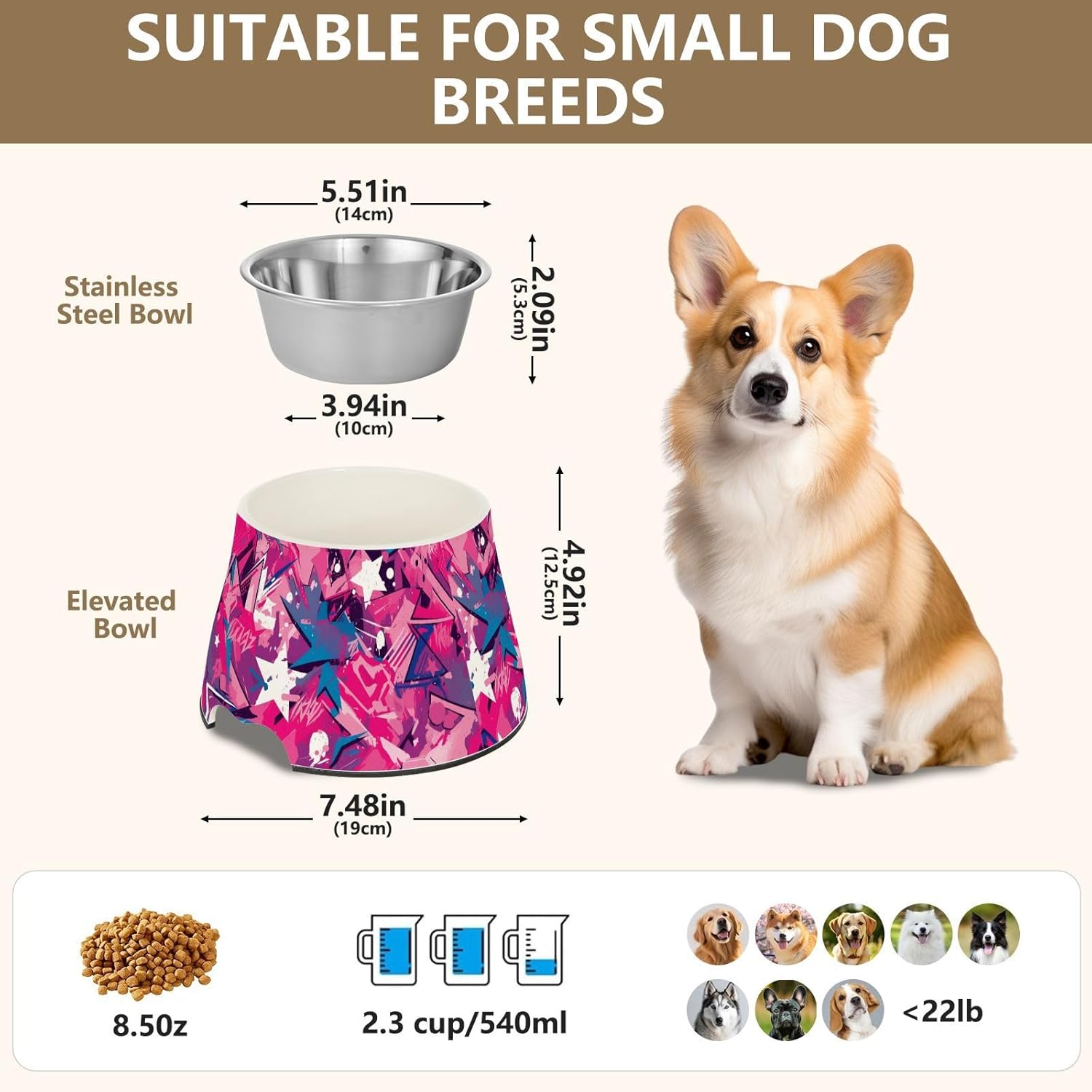 Graffiti Art Stars Red Absttract Bowls for Pets Non Skid Stainless Steel Cat Food Dishes for Medium Dogs Whisker Relief