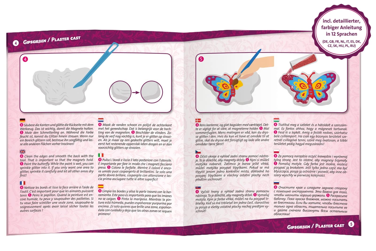 Lena 42707 – Set De Moulage En Plâtre Pour 15 Aimants Papillons Pailletés – 6 Moules, Peinture, Pinceau, Paillettes Et Bandes Magnétiques – Dès 6 Ans