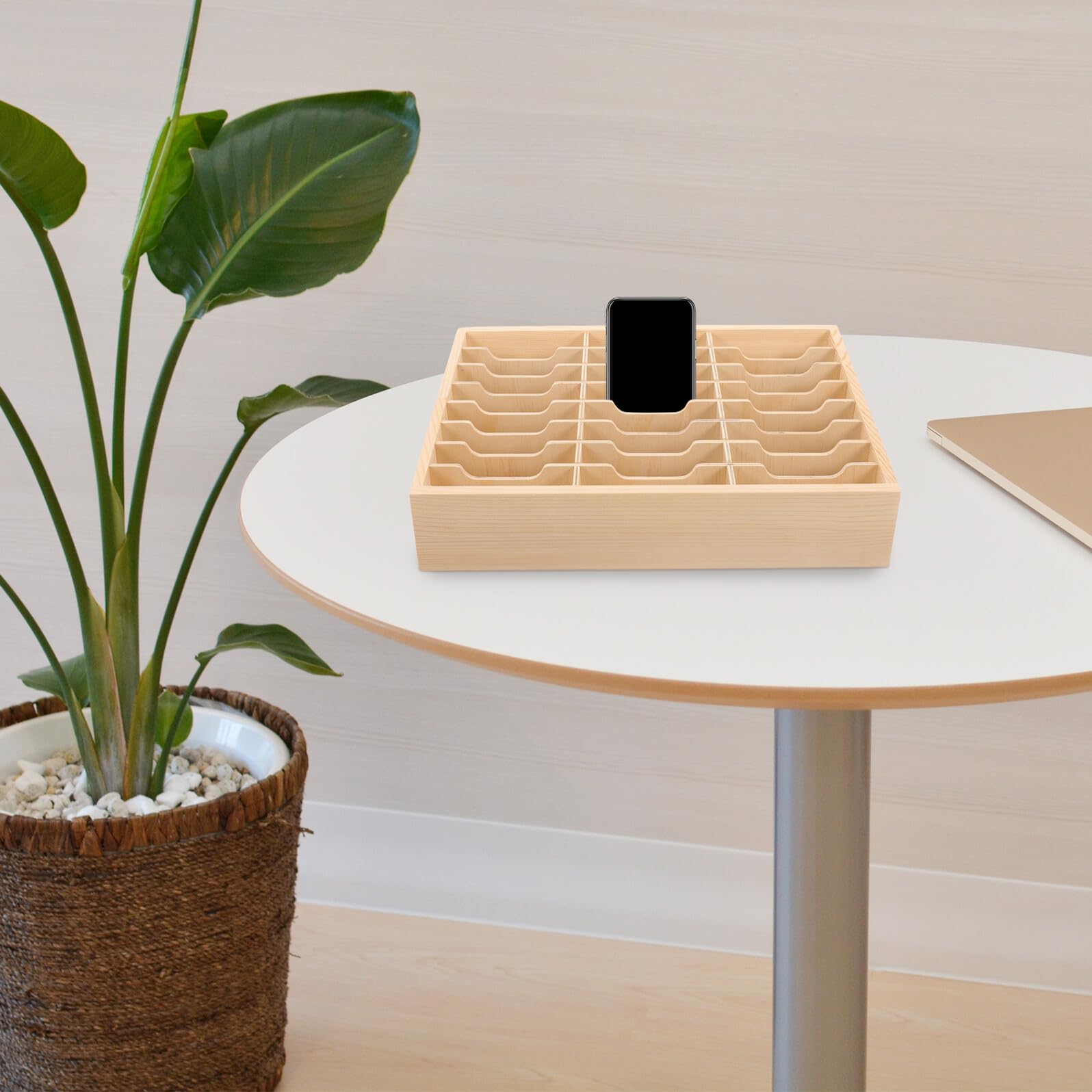Scatola Porta Cellulare da Scrivania in Legno Multi Scomparti per Organizzazione di Cancelleria e Piccoli Oggetti, per Camera e Studio, Stile Rustico Semplice