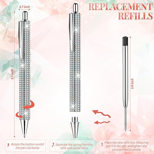 Miniatura 7 de Bolígrafos brillantes para diamantes de imitación, 4 bolígrafos plateados brillantes con 8 repuestos retráctiles de tinta negra para suministros