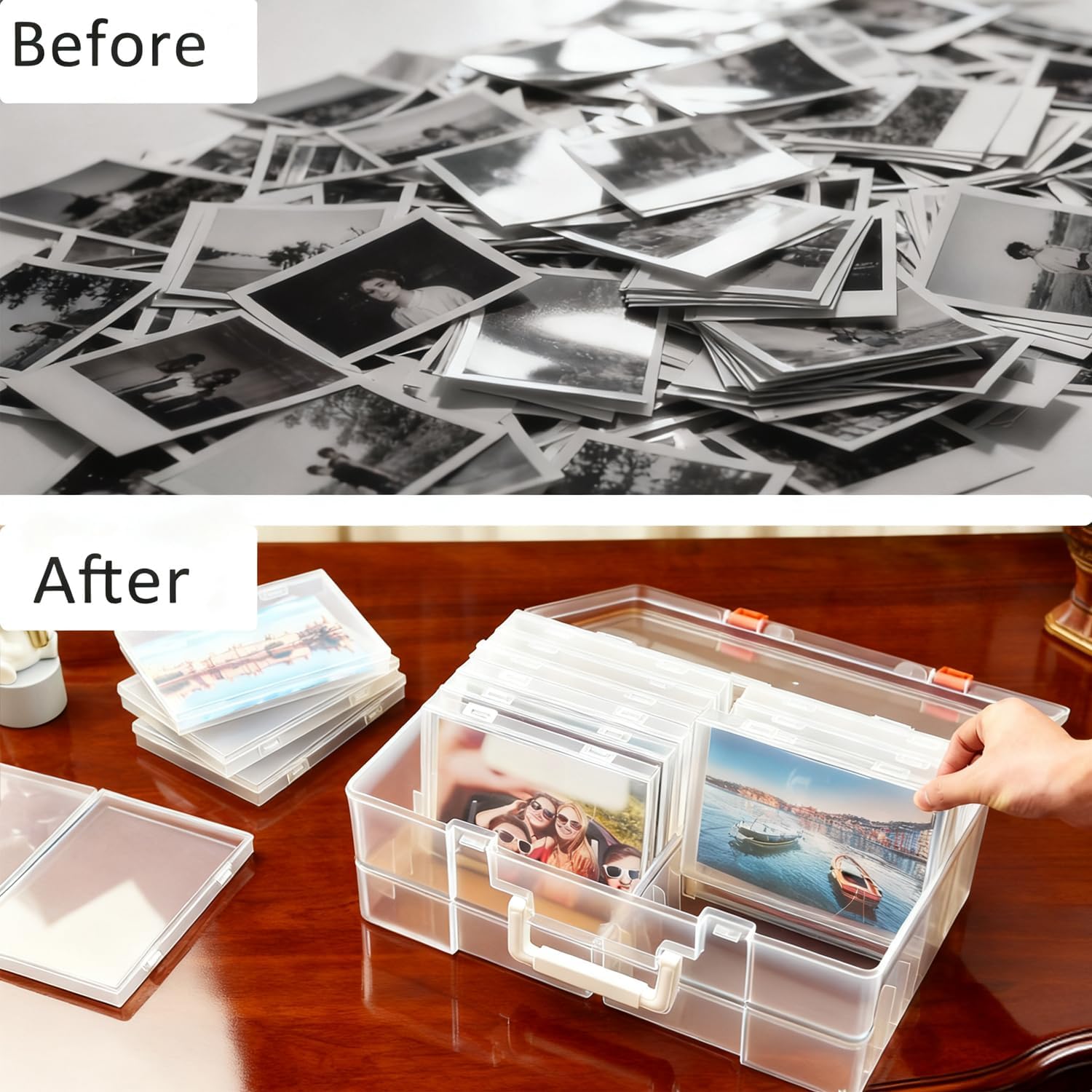 NINU Photo Storage Box with Handle, 5" x 7" Photo Organizer Storage Container with 18 Inner Case and 1 Sheet Blank Labels for Pictures, Arts, Crafts, Sewing, Seeds, Office Supplies (Clear)