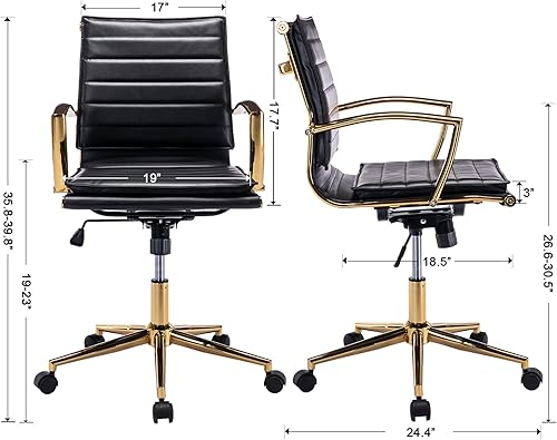 Miniatura 6 de CIMOTA Silla de oficina de cuero negro, cómoda silla de escritorio de oficina con ruedas y brazos, marco dorado, moderna silla ergonómica para