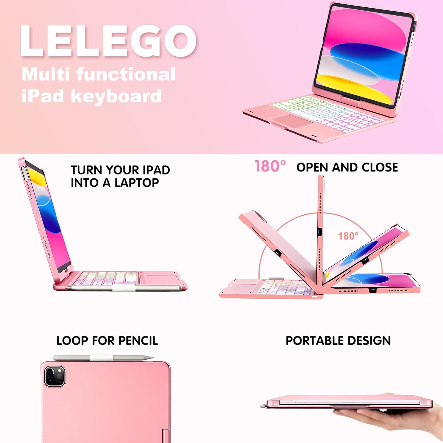 Keyboard Case for 2026 iPad Air 11-inch M4/M3/M2 & iPad Air 5th/4th Gen & iPad Pro 11 inch (4th/3rd/2nd/1st, 2022-2018) with Multi Trackpad, 360 Swivel & Rainbow Backlit (Rose Gold)