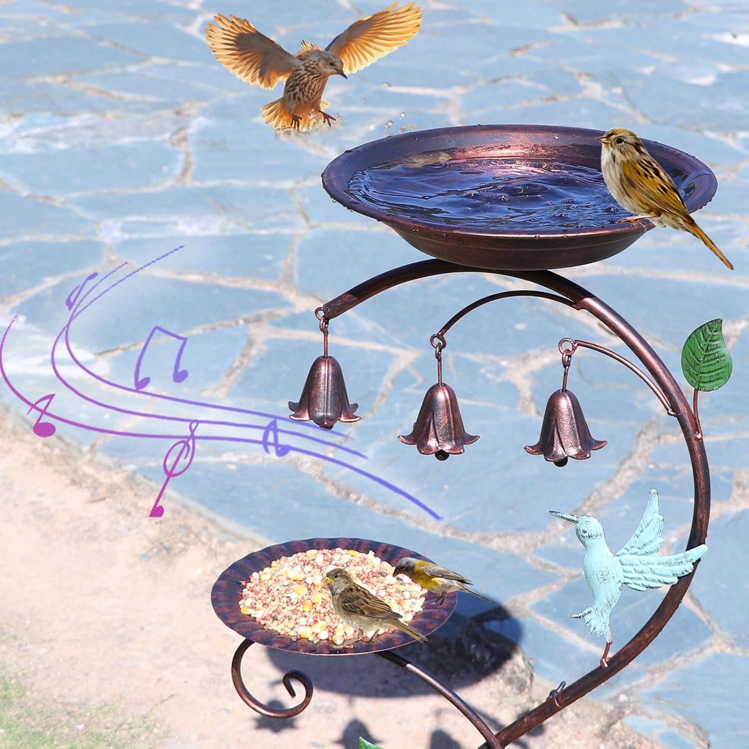 38" H Vintage Freestanding Bird Bath and Bird Feeder with Three Bells with Four Metal Stakes, Garden Patio Lawn Vintage Decorative Birdbath