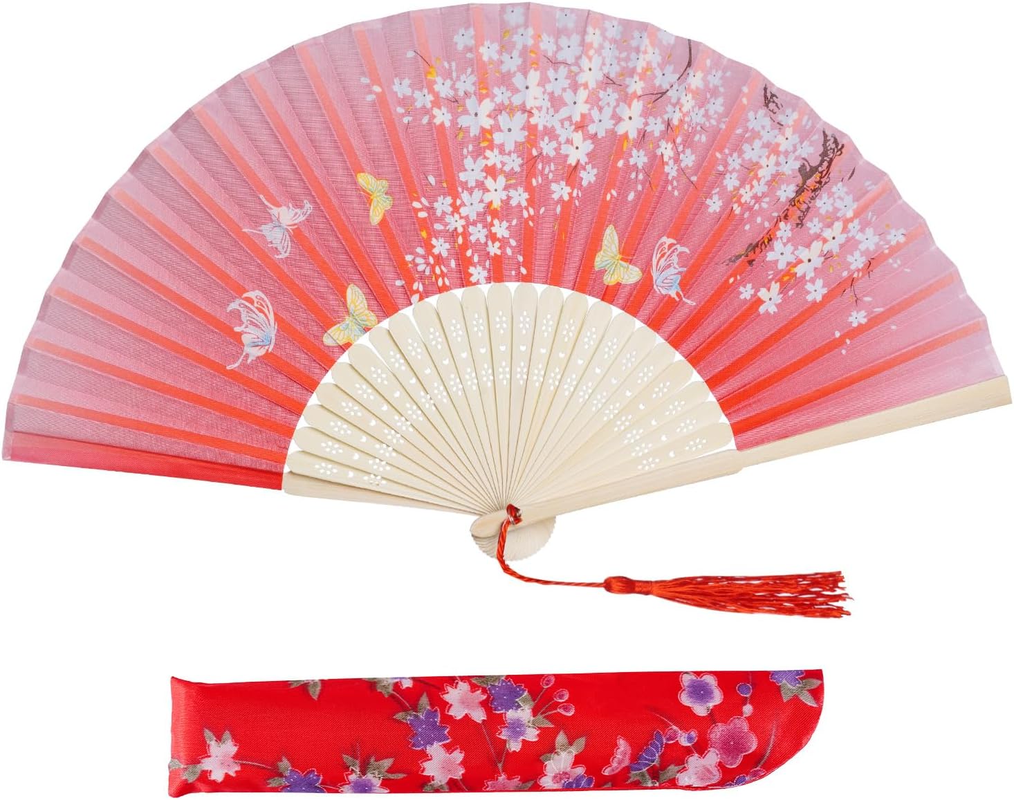 Jmkcoz Handheld Folding Fans Hand Held Fan for Women Foldable Chinese Japanese Vintage Bamboo Silk Fan for Wedding Dance Music Festival Party Props Decoration (Red)