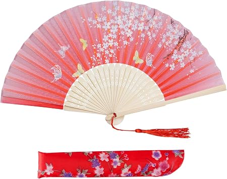 Jmkcoz Handheld Folding Fans Hand Held Fan for Women Foldable Chinese Japanese Vintage Bamboo Silk Fan for Wedding Dance Music Festival Party Props Decoration Red