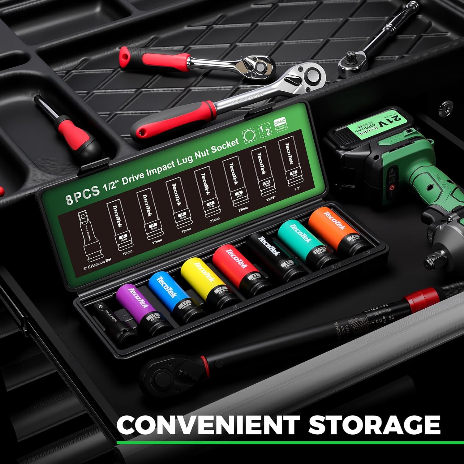 TecoTek 8PCS 1/2" Drive Lug Nut Socket Set, Metric 15 17 19 21 22 MM & SAE 13/16 7/8 in. Wheel Socket Set, Impact Lug Nut Socket Set, Thin Wall Lug Nut Sockets with Colored Protective Covers