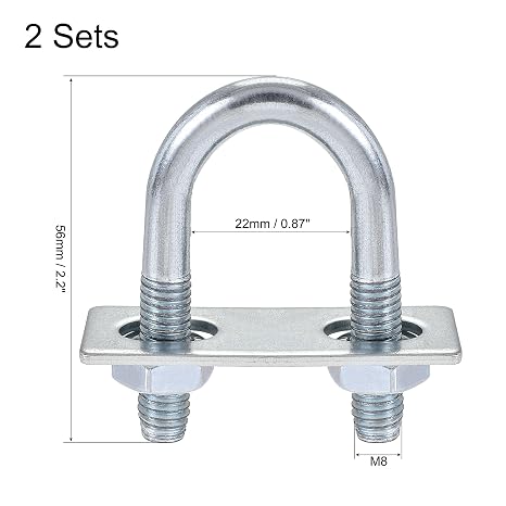 uxcell Round U-Bolts 2 Sets 0.87(22mm) Inner Width 56mm Length Steel M8 with Nut, Plate