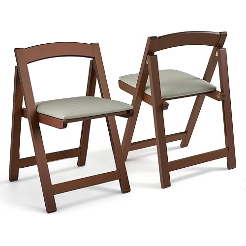 Wooden Folding Chairs Set of 2, Padded Folding Dining Chairs with Leather Soft Cushion, No Assembly Required Foldable Chair for Home Kitchen Office Party Picnic Wedding, 290 LB Max Weight Capacity
