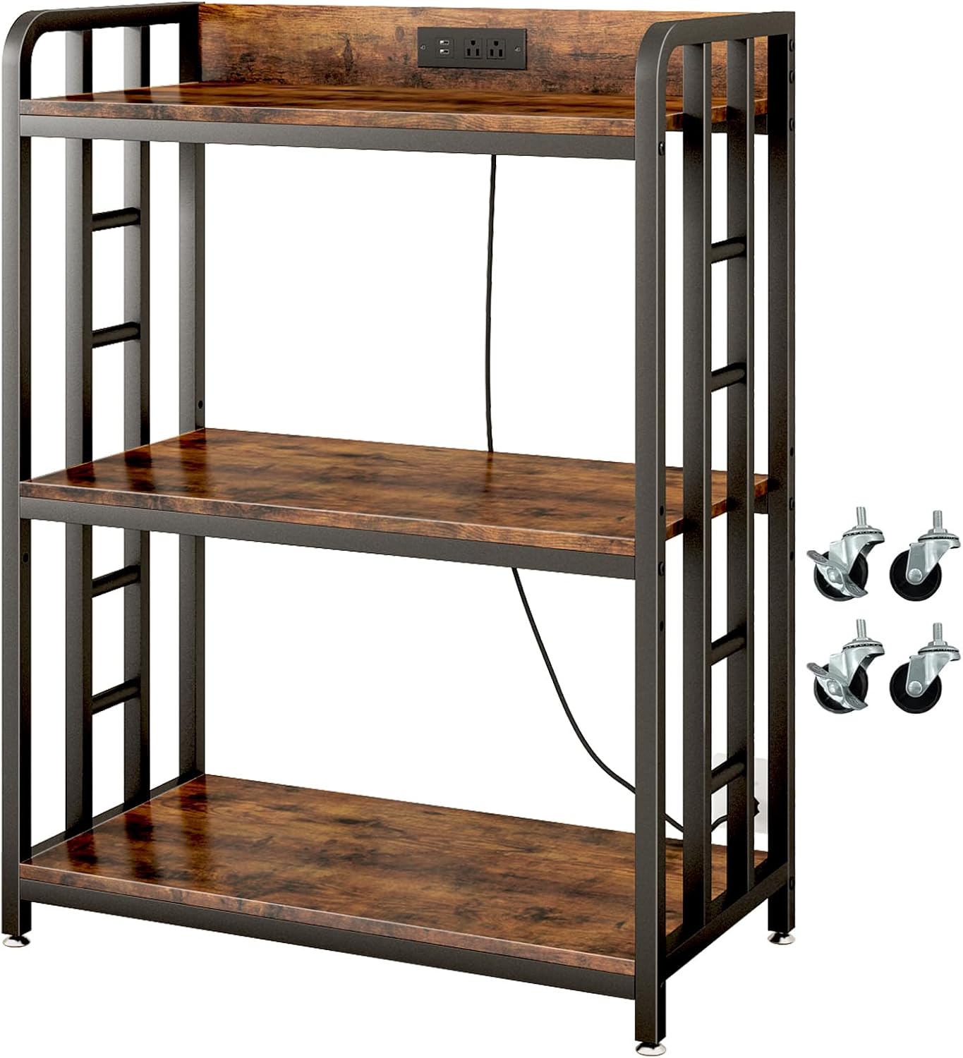 Bakers Rack with Power Outlet,Adjustable Microwave Stand with Storage,3-Tier Kitchen Shelves,Microwave cart Suitable for Kitchen,Dinning Room,Coffee Bar,Living Room,Rustic Brown