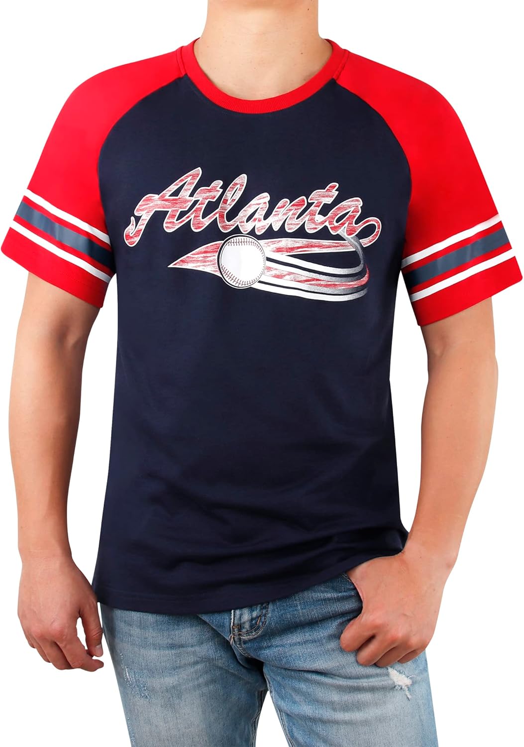 Mens City Baseball Fans Athletic Crew Neck Tee Raglan Tee T-Shirts - Navy & Red