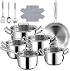 Stainless Steel Saucepan Set 3-Ply 30 cm Frying Pans & 18/20/22/26 cm Lid Pots with Steamer 21-Piece Saucepan with Lid (18 cm) Suitable for Induction Oven-Safe
