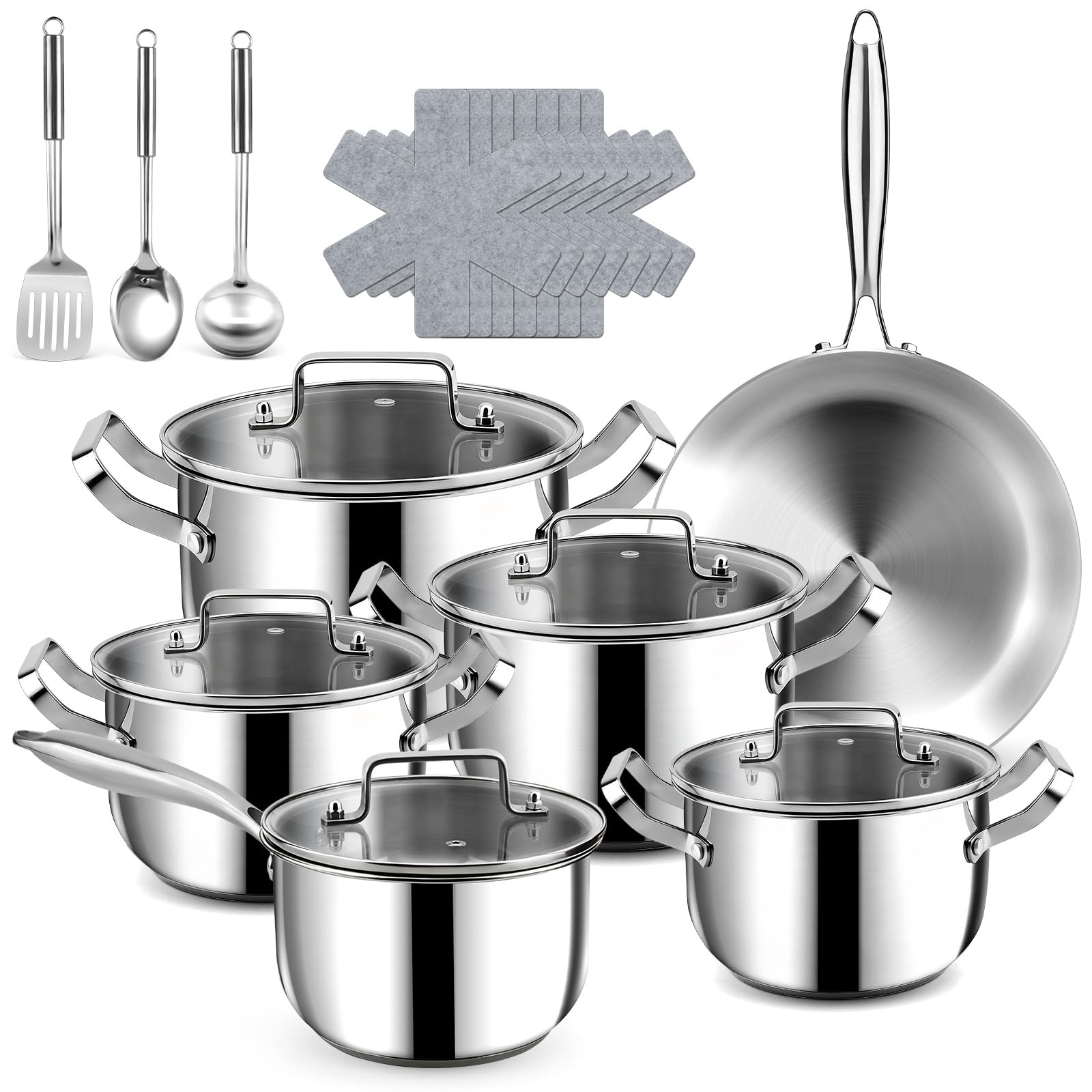 Fruikit 21P Stainless Steel Pots and Pans Set - Professional Induction Hob Cookware Set - Tri-Ply Base 30 cm Saucepan Set, 18 cm Saucepans & 18/20/22/26 cm Casserole - Non-Toxic Pot Set for Kitchen