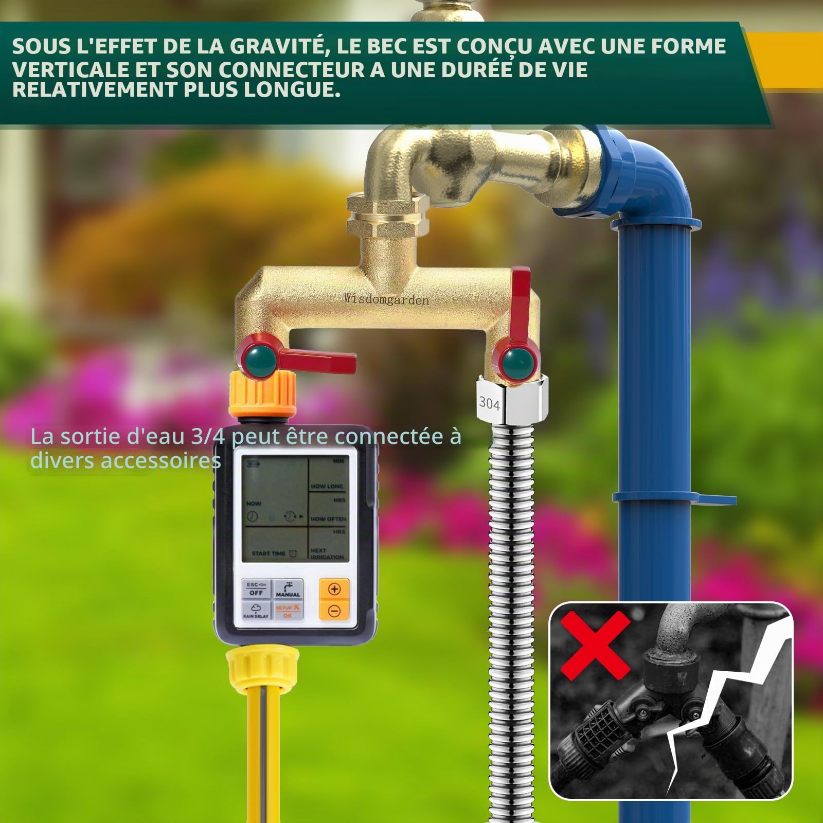 Distributeur 2 voies,Vanne à 2 voies d'eau pour robinet avec filetage de 3/4Pouce,Poignée allongée Facilité d'utilisation,laiton très résistant robuste et durable,avec 1/2Pouce adaptateur