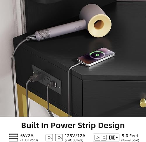 Miniatura 4 de DWVO Escritorio esquinero de maquillaje con bombillas Hollywood espejo y toma de corriente, juego de tocador negro de 43 pulgadas con 3 modos de