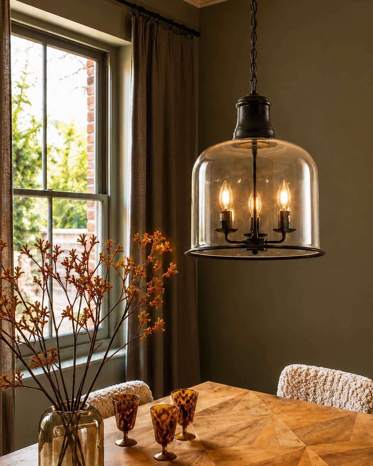 Farmhouse Pendant Lights for Kitchen Island, 13.8" Large Clear Glass Pendant Light Fixture, 3-Light Black Glass Dome Chandelier with Adjustable Chain for Dining Room, Entryway, Foyer, E12 Base