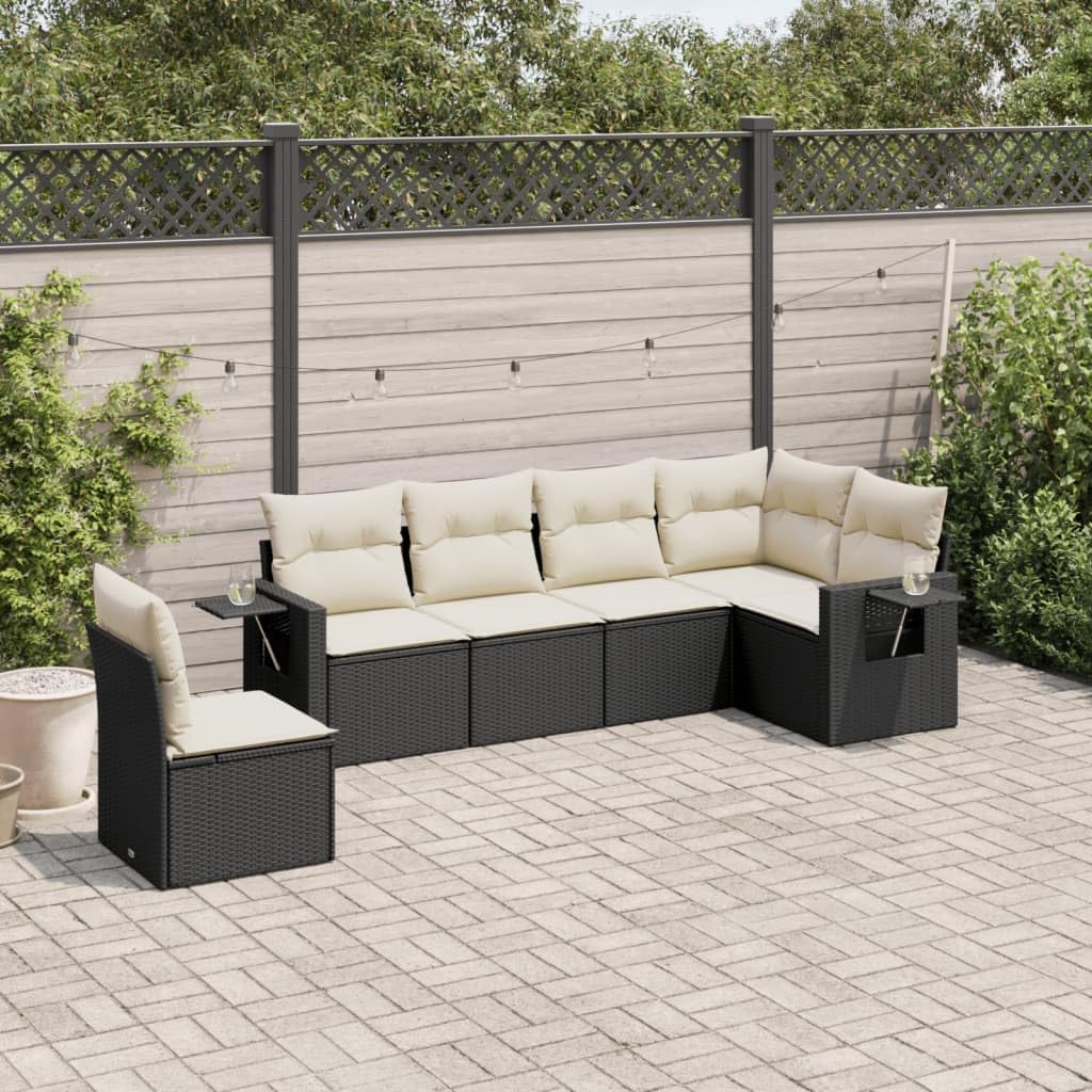 6 Piece Garden Sofa Set in Black and Cream White, Modern Outdoor Furniture with Powder-Coated Steel Frame and Poly Rattan, Modular Patio Seating