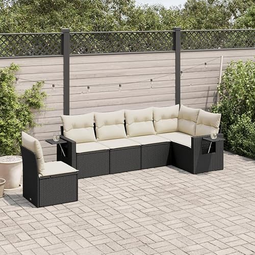 Miniatura 1 de 6 Piece Garden Sofa Set in Black and Cream White, Modern Outdoor Furniture with Powder-Coated Steel Frame and Poly Rattan, Modular Patio Seating