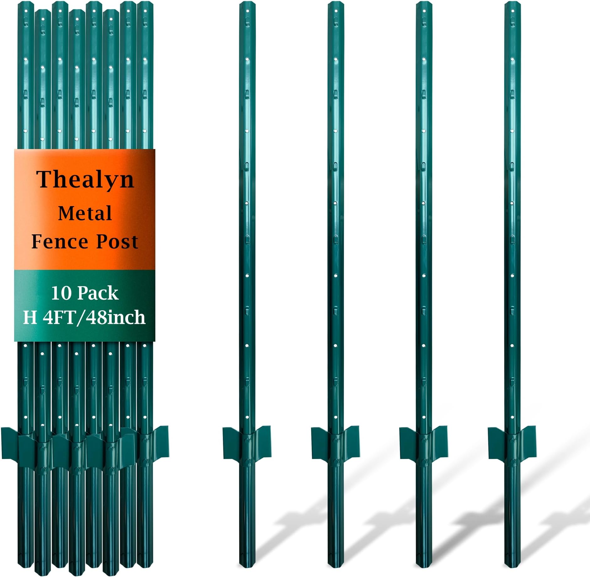 Thealyn 4ft Fence Posts, Pack of 10 - Sturdy Metal U-Posts & Step-in Stakes, No Digging Poles for Garden Wire Fencing and Yard Signs (Fits 3-ft Fence Mesh)