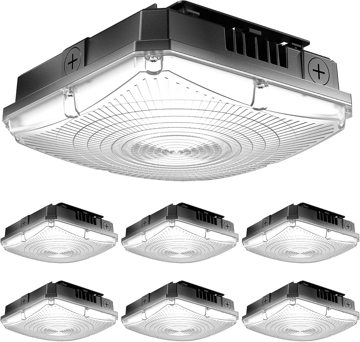 Sunco Paquete de 6 luces LED de techo para exteriores, 40 W, 5000 K, 5800 lm regulable | Impermeable IP65, luz diurna, 120-277 V, para gasolinera, almacén, cochera, garaje, área comercial, iluminación de bahía, patio