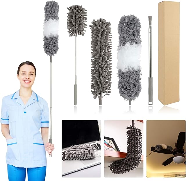 Dusters for Cleaning, KissDate 4PCS Telescopic Washable Detachable Microfiber Duster with 100 Inch Extension Pole, Cobweb Duster Chenille Dust Brush for Cleaning Ceiling Fan, Blinds, Car, Furniture